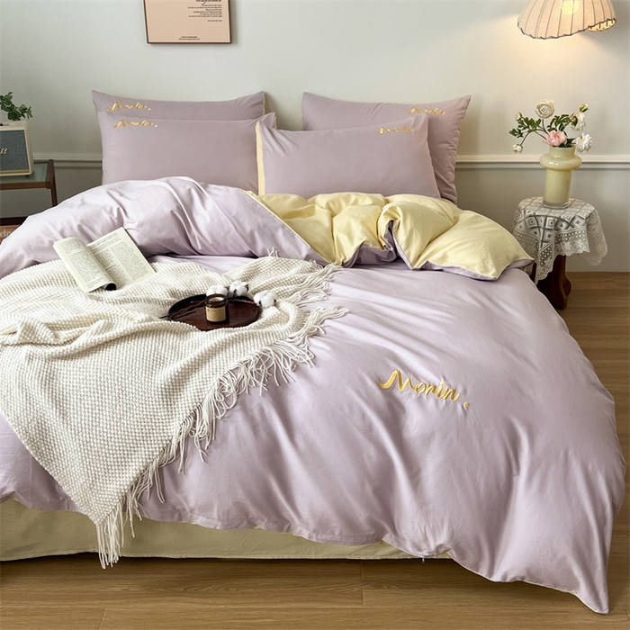 91家纺网 家纺一手货源 找家纺 多品家纺 2024新款全棉纯色双拼刺绣四件套 魅力紫米黄