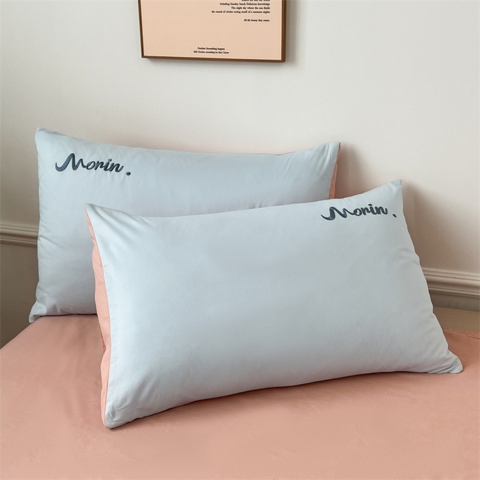 91家纺网 家纺一手货源 找家纺 多品家纺 2024新款全棉纯色双拼刺绣四件套 浅蓝水粉