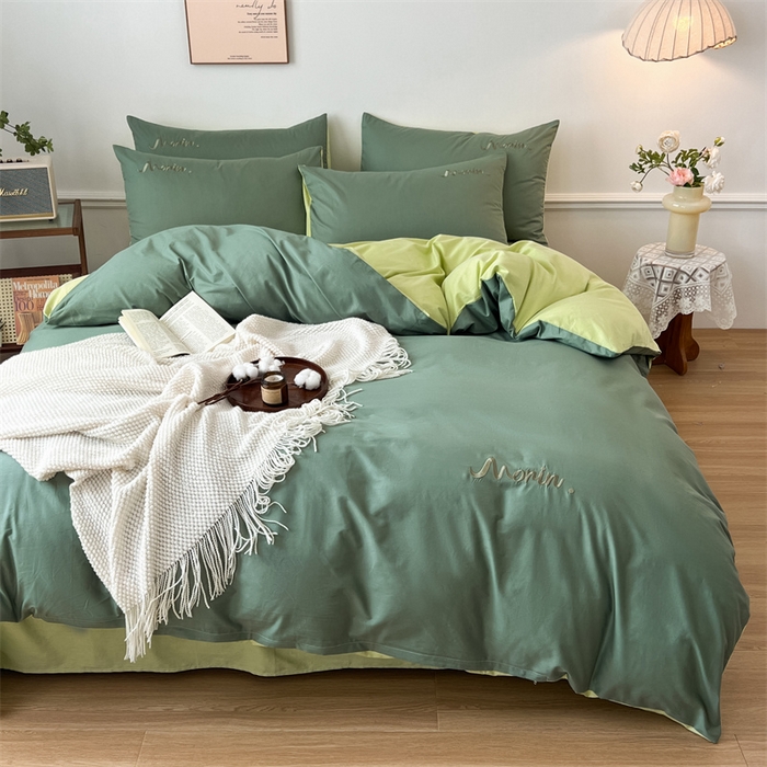 91家纺网 家纺一手货源 找家纺 多品家纺 2024新款全棉纯色双拼刺绣四件套 灰绿奶绿