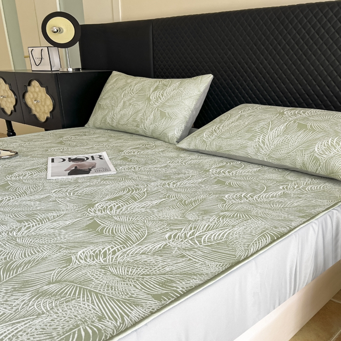 91家纺网 家纺一手货源 找家纺 慕尚家纺 2025新款提花席床笠款 床笠-羽毛纷飞绿