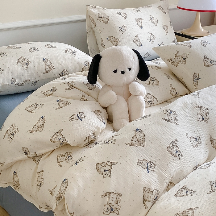 91家纺网 家纺一手货源 找家纺 萝莉家纺2025新款全棉双层皱皱纱四件套 猫咪