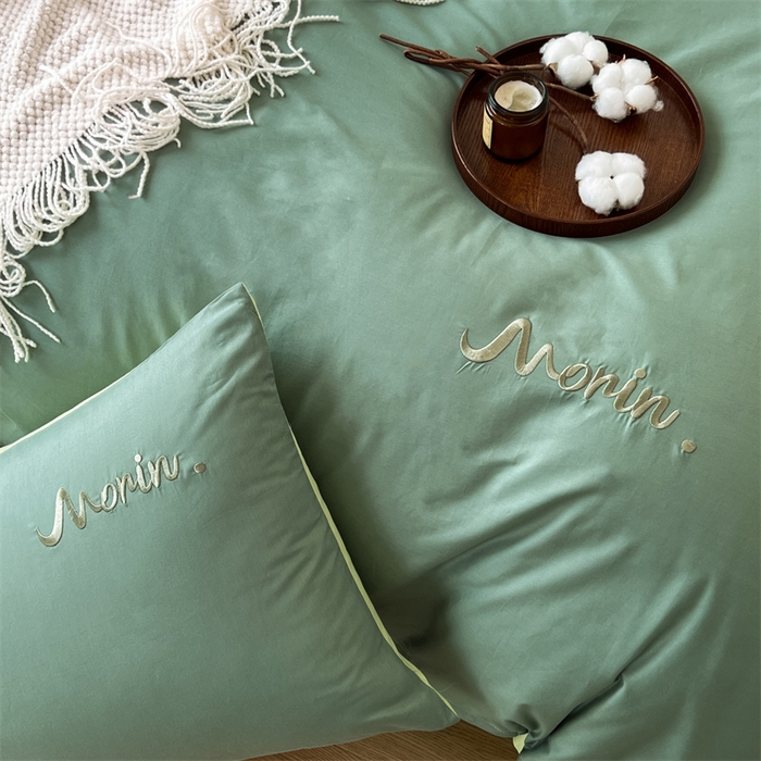 91家纺网 家纺一手货源 找家纺 多品家纺 2024新款全棉纯色双拼刺绣四件套 灰绿奶绿