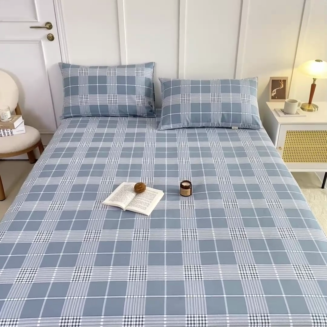 91家纺网 家纺一手货源 找家纺 鸣升 新款舒适透气全棉老粗布床笠 蓝条格