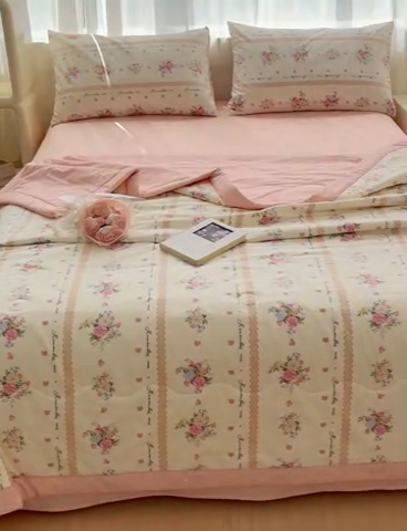 91家纺网 家纺一手货源 找家纺 金丝鸟家纺 2024新款全棉棉花夏被四件套 法式花团