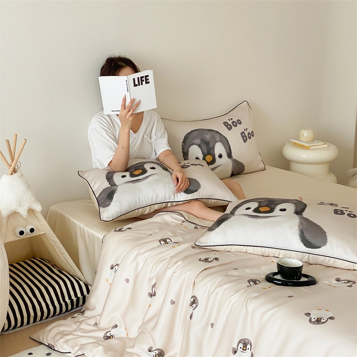 91家纺网 家纺一手货源 找家纺 圆岛家纺 2024新款萌宠数码印花四件套 企鹅咕咕