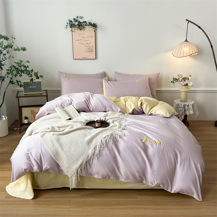 91家纺网 家纺一手货源 找家纺 多品家纺 2024新款全棉纯色双拼刺绣四件套 魅力紫米黄