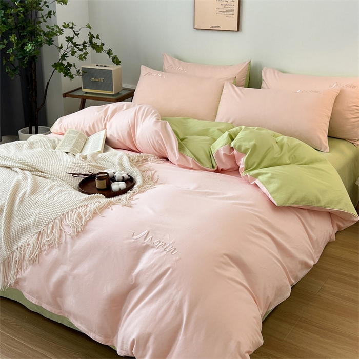 91家纺网 家纺一手货源 找家纺 多品家纺 2024新款全棉纯色双拼刺绣四件套 白玉奶绿