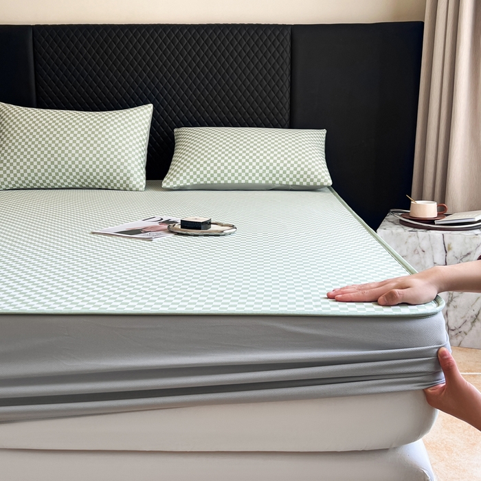 91家纺网 家纺一手货源 找家纺 慕尚家纺 2025新款提花席床笠款 床笠-棋盘格绿