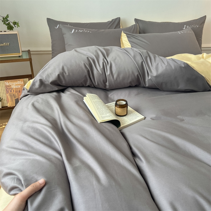 91家纺网 家纺一手货源 找家纺 多品家纺 2024新款全棉纯色双拼刺绣四件套 绅士灰米黄