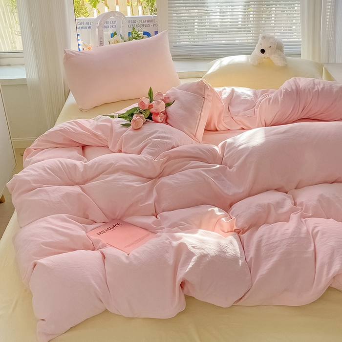 91家纺网 家纺一手货源 找家纺 艾特你 2024新款A类水洗棉被套纯色被套单被套素色被套 混搭-粉黄