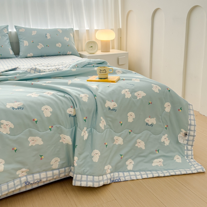 91家纺网 家纺一手货源 找家纺 金丝鸟家纺 2024新款全棉棉花夏被四件套 婴儿蓝汪