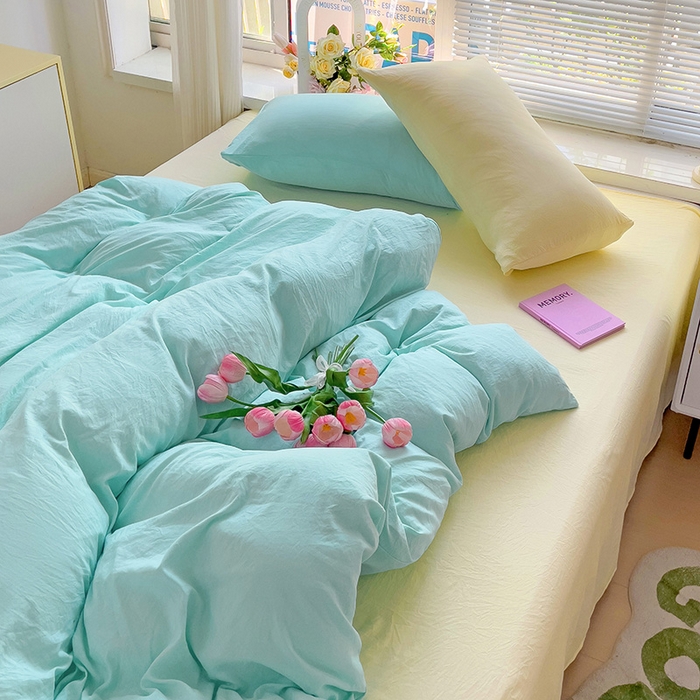 91家纺网 家纺一手货源 找家纺 艾特你 2024新款A类水洗棉被套纯色被套单被套素色被套 混搭-水绿黄