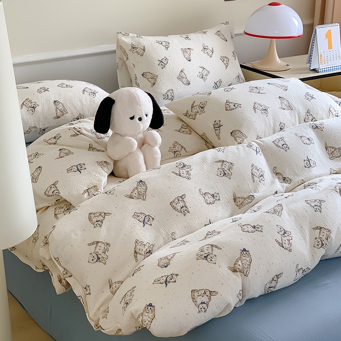 91家纺网 家纺一手货源 找家纺 萝莉家纺2025新款全棉双层皱皱纱四件套 猫咪