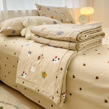 91家纺网 家纺一手货源 找家纺 金丝鸟家纺 2024新款全棉棉花夏被四件套 咖色喵星人