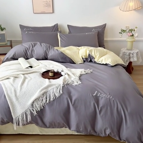 91家纺网 家纺一手货源 找家纺 多品家纺 2024新款全棉纯色双拼刺绣四件套 绅士灰米黄