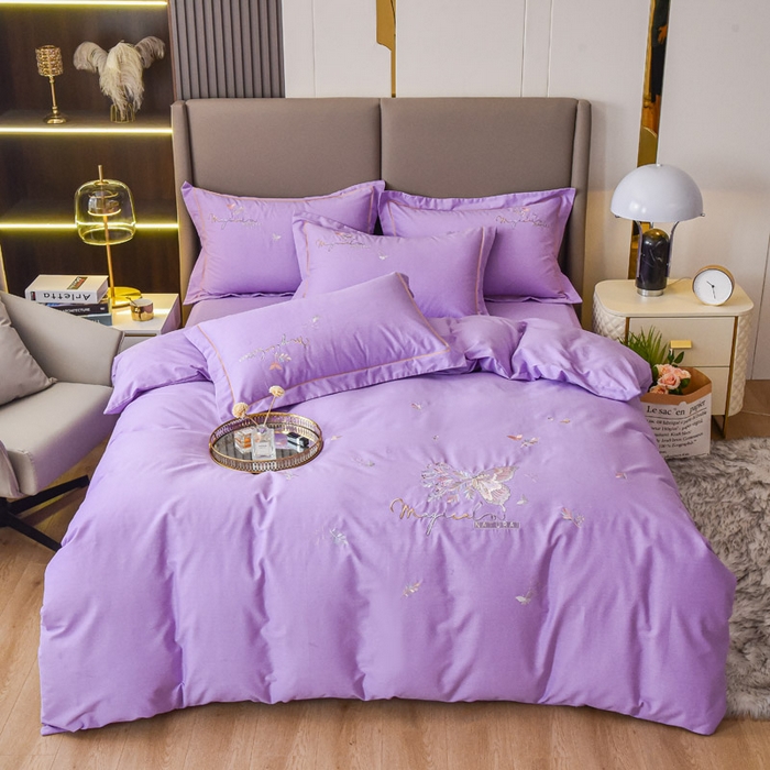 91家纺网 家纺一手货源 找家纺 艾迪尚家纺 2025新款纯色生态磨毛绣花单床单 蝶恋花-淡紫