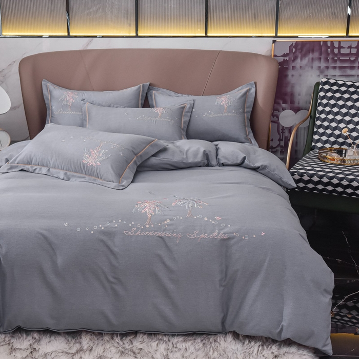 91家纺网 家纺一手货源 找家纺 艾迪尚家纺 2025新款纯色生态磨毛绣花单被套 幸福树-浅灰