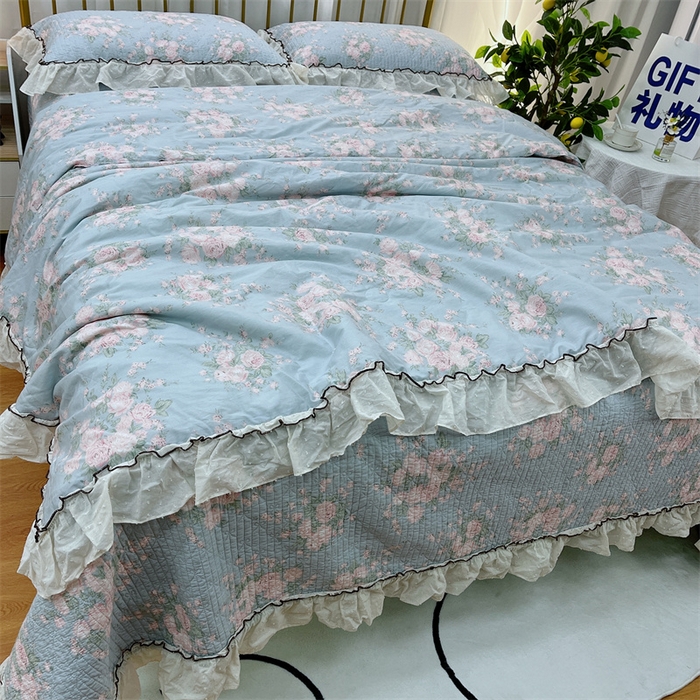 91家纺网 家纺一手货源 找家纺 （总）暖居 2024新款韩系大花边夏被砂洗棉花床盖四件套可机洗+同款纯棉被套