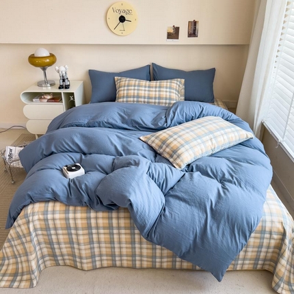 91家纺网 家纺一手货源 找家纺 总）人人爱家纺 2025新款无印良品水洗棉四件套简约格子学生宿舍单被套