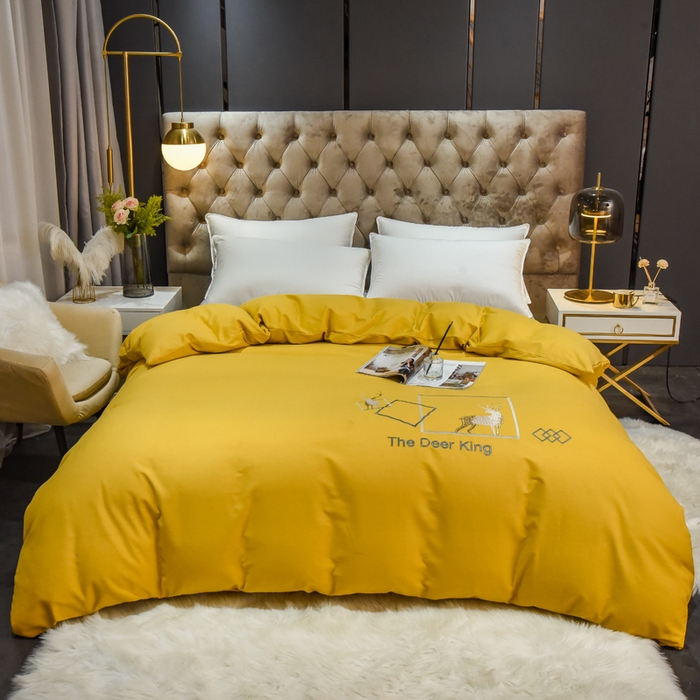 91家纺网 家纺一手货源 找家纺 艾迪尚家纺 2025新款纯色生态磨毛绣花单床单 麋鹿-姜黄