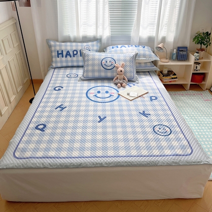 顾里家纺 2024 新款凉豆豆印花席 蓝格笑脸