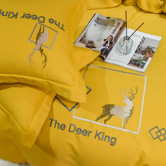 91家纺网 家纺一手货源 找家纺 艾迪尚家纺 2025新款纯色生态磨毛绣花单床笠 麋鹿-姜黄