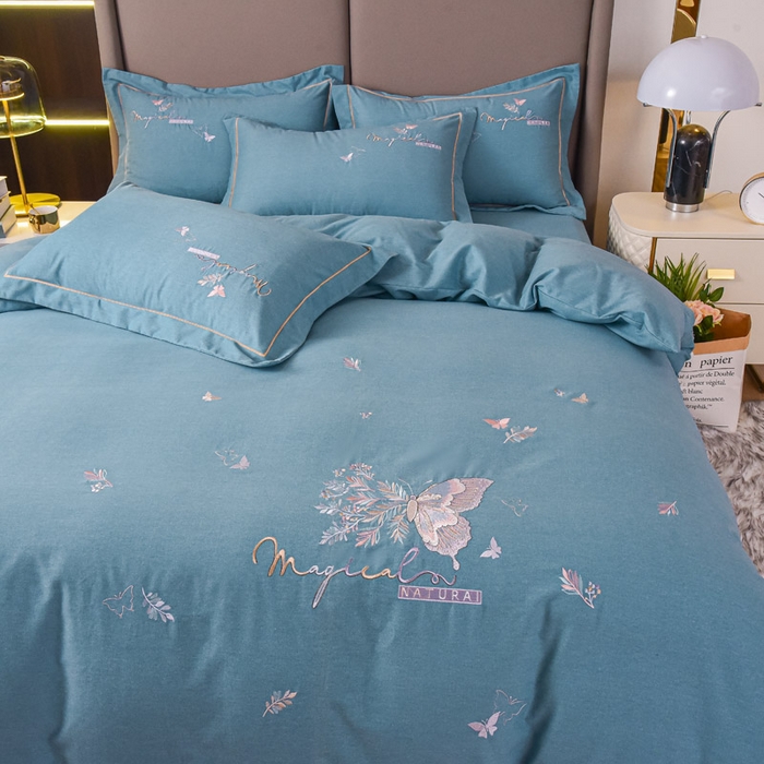 91家纺网 家纺一手货源 找家纺 艾迪尚家纺 2025新款纯色生态磨毛绣花单床单 蝶恋花-天蓝