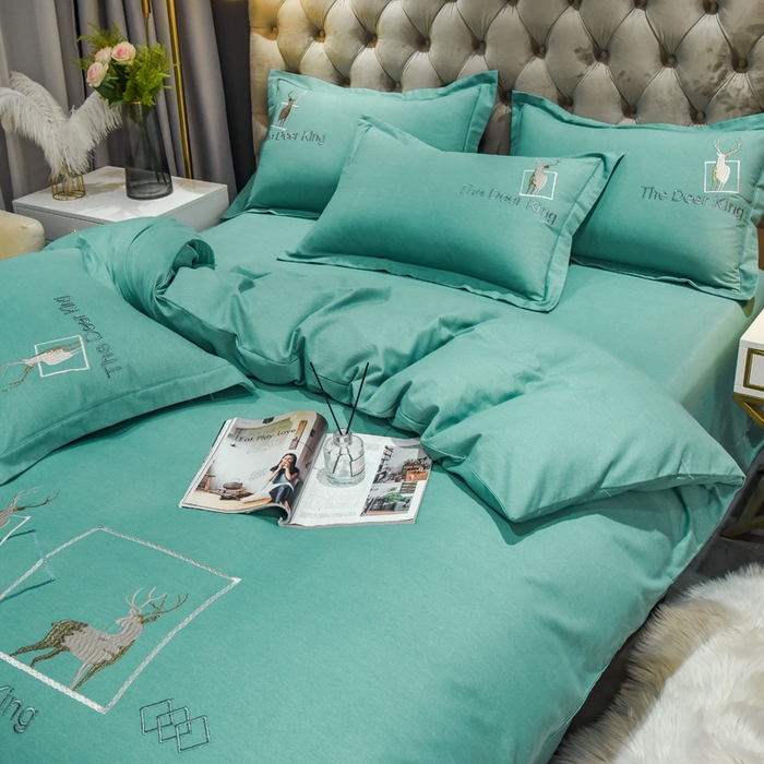 91家纺网 家纺一手货源 找家纺 艾迪尚家纺 2025新款纯色生态磨毛绣花四件套 麋鹿-水绿