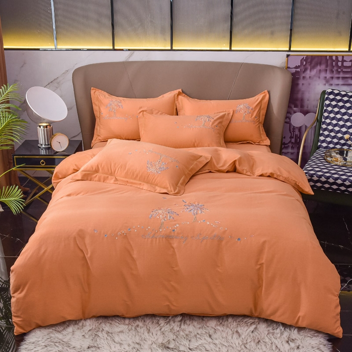 91家纺网 家纺一手货源 找家纺 艾迪尚家纺 2025新款纯色生态磨毛绣花单床单 幸福树-桔黄