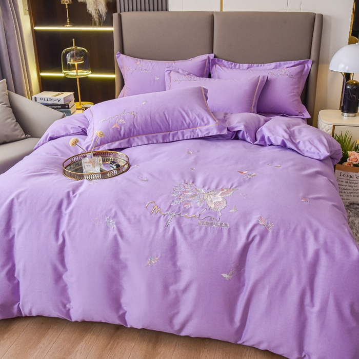 91家纺网 家纺一手货源 找家纺 艾迪尚家纺 2025新款纯色生态磨毛绣花单被套 蝶恋花-淡紫