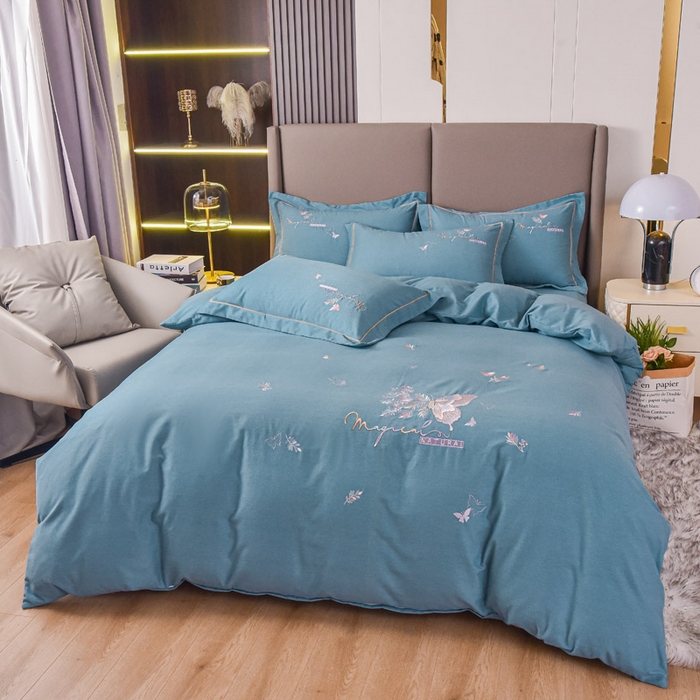 91家纺网 家纺一手货源 找家纺 艾迪尚家纺 2025新款纯色生态磨毛绣花单床单 蝶恋花-天蓝