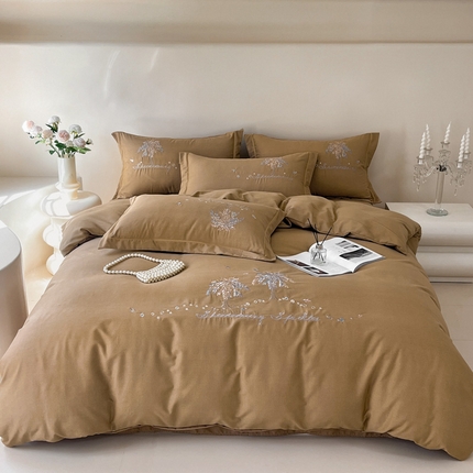 艾迪尚家纺 2025新款纯色生态磨毛绣花单被套 幸福树-驼色