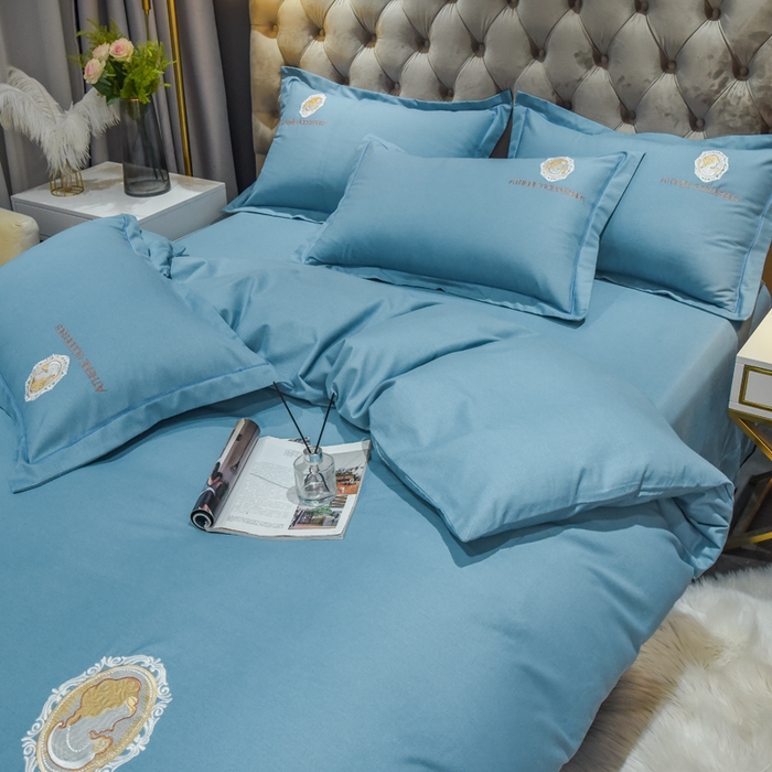 91家纺网 家纺一手货源 找家纺 艾迪尚家纺 2025新款纯色生态磨毛绣花四件套 艾薇儿-天蓝