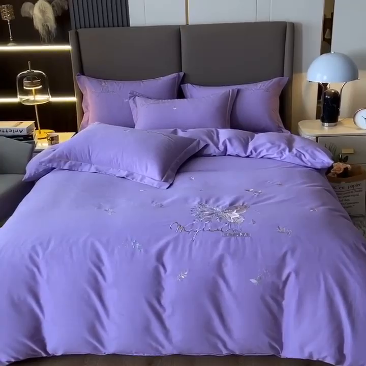 91家纺网 家纺一手货源 找家纺 艾迪尚家纺 2025新款纯色生态磨毛绣花四件套 蝶恋花-淡紫