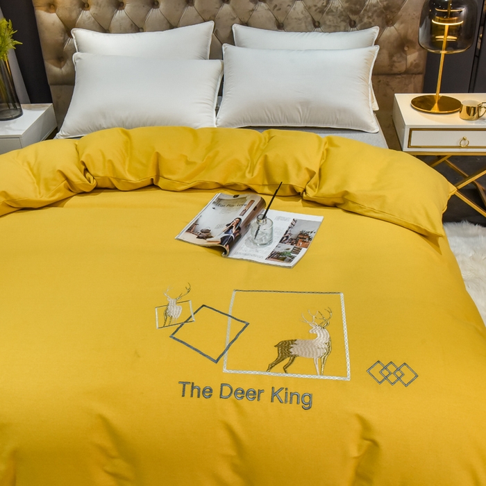 91家纺网 家纺一手货源 找家纺 艾迪尚家纺 2025新款纯色生态磨毛绣花单床笠 麋鹿-姜黄