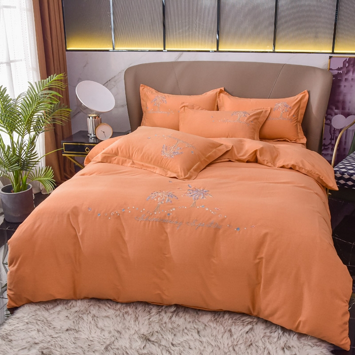 91家纺网 家纺一手货源 找家纺 艾迪尚家纺 2025新款纯色生态磨毛绣花四件套 幸福树-桔黄