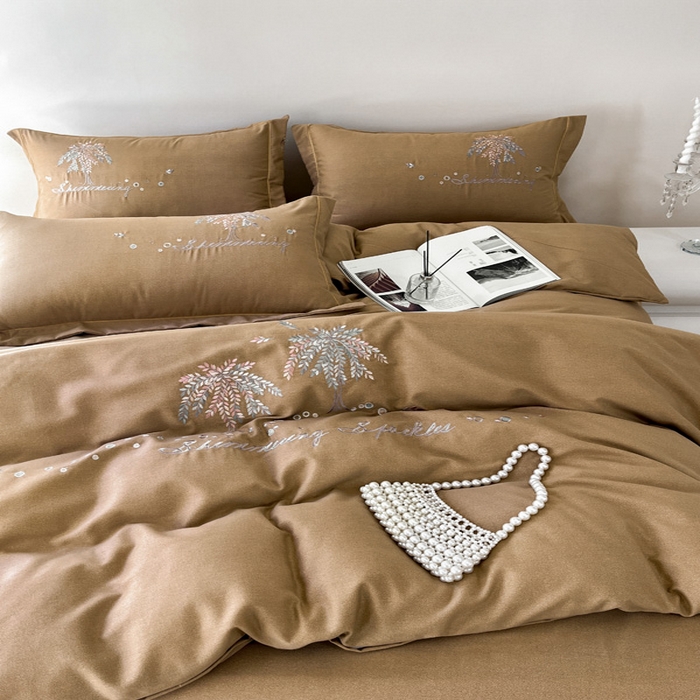 91家纺网 家纺一手货源 找家纺 艾迪尚家纺 2025新款纯色生态磨毛绣花单床单 幸福树-驼色