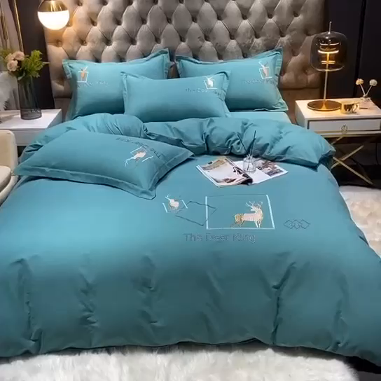 91家纺网 家纺一手货源 找家纺 艾迪尚家纺 2025新款纯色生态磨毛绣花四件套 麋鹿-水绿