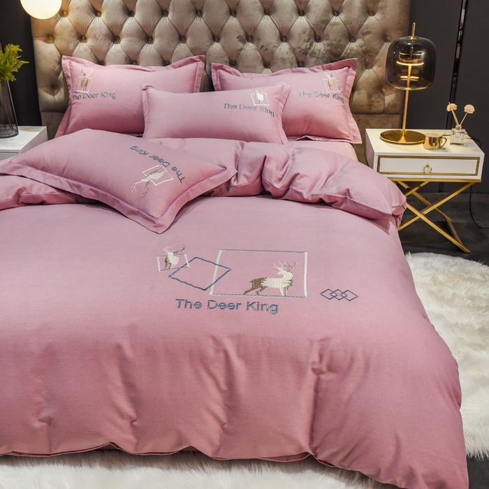 91家纺网 家纺一手货源 找家纺 艾迪尚家纺 2025新款纯色生态磨毛绣花单床单 麋鹿-豆沙