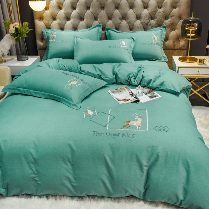 91家纺网 家纺一手货源 找家纺 艾迪尚家纺 2025新款纯色生态磨毛绣花单床笠 麋鹿-水绿