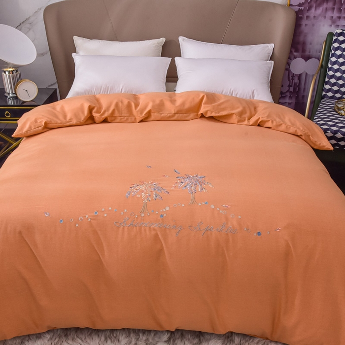 91家纺网 家纺一手货源 找家纺 艾迪尚家纺 2025新款纯色生态磨毛绣花四件套 幸福树-桔黄