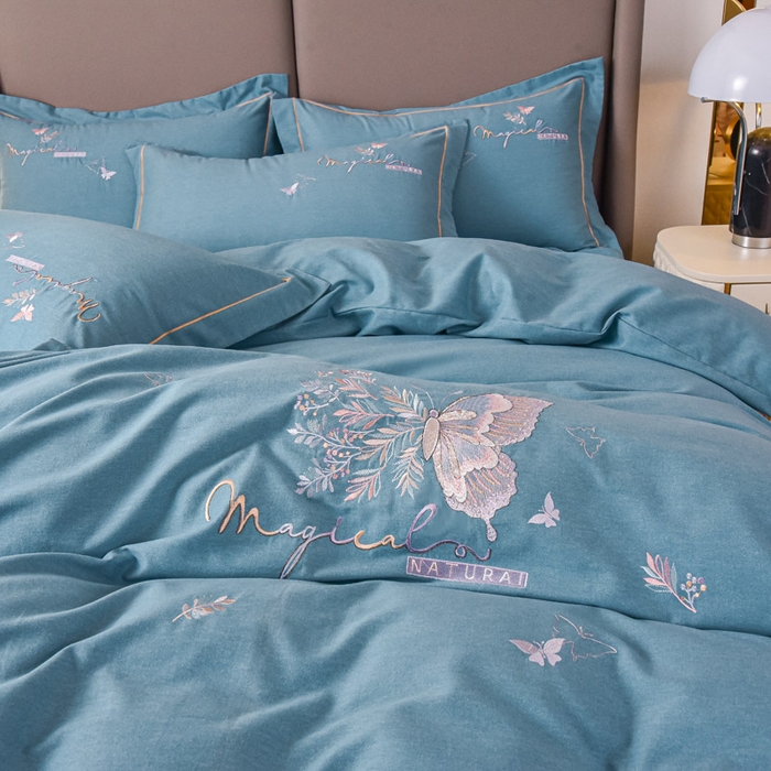 91家纺网 家纺一手货源 找家纺 艾迪尚家纺 2025新款纯色生态磨毛绣花四件套 蝶恋花-天蓝