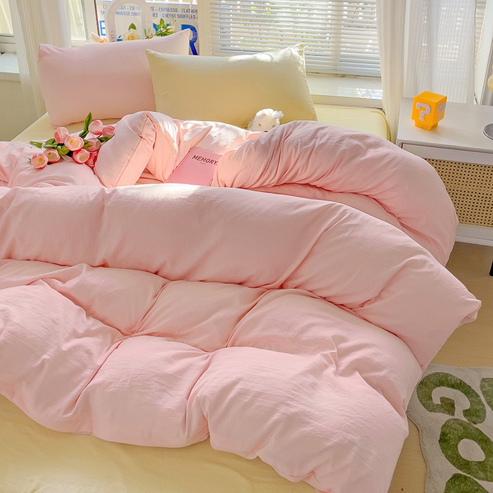 91家纺网 家纺一手货源 找家纺 森璐家纺 2024新款1水洗棉被套纯色被套单被套素色被套 混搭-粉黄