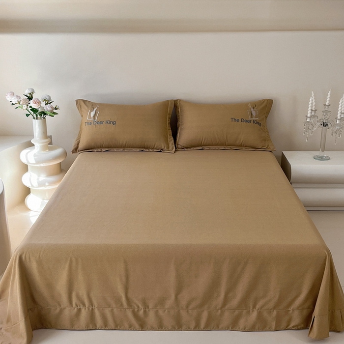 91家纺网 家纺一手货源 找家纺 艾迪尚家纺 2025新款纯色生态磨毛绣花单床笠 幸福树-驼色