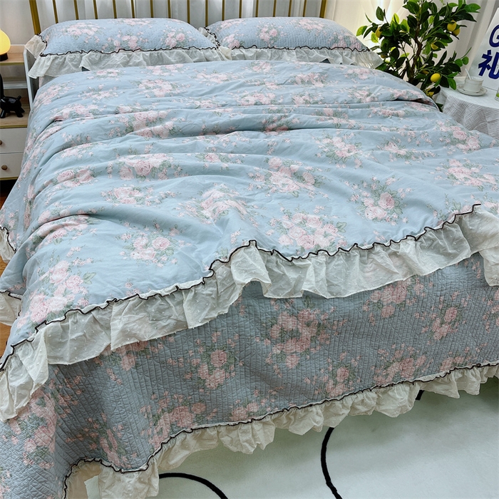 91家纺网 家纺一手货源 找家纺 （总）暖居 2024新款韩系大花边夏被砂洗棉花床盖四件套可机洗+同款纯棉被套