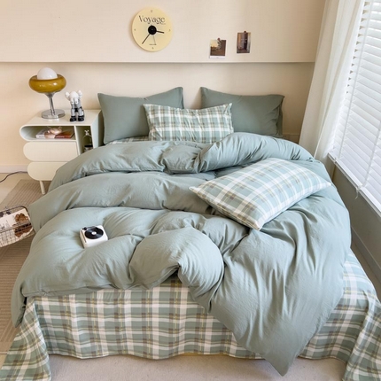 91家纺网 家纺一手货源 找家纺 总）人人爱家纺 2025新款无印良品水洗棉四件套简约格子学生宿舍单被套
