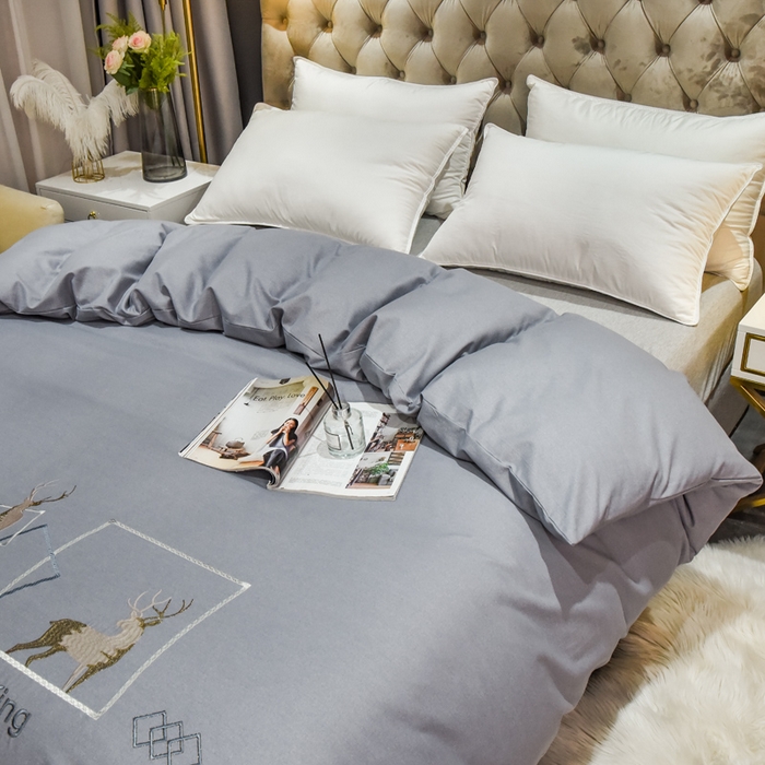 91家纺网 家纺一手货源 找家纺 艾迪尚家纺 2025新款纯色生态磨毛绣花单床单 麋鹿-高级灰