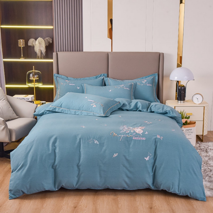 91家纺网 家纺一手货源 找家纺 艾迪尚家纺 2025新款纯色生态磨毛绣花四件套 蝶恋花-天蓝