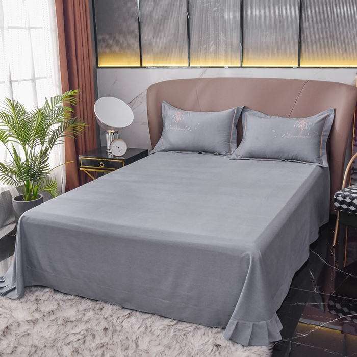 91家纺网 家纺一手货源 找家纺 艾迪尚家纺 2025新款纯色生态磨毛绣花单床单 幸福树-浅灰