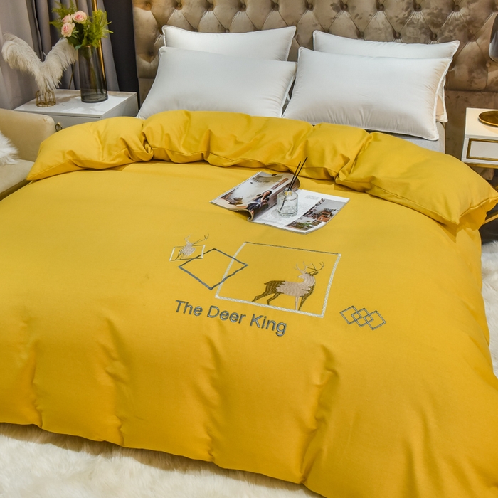 91家纺网 家纺一手货源 找家纺 艾迪尚家纺 2025新款纯色生态磨毛绣花单床笠 麋鹿-姜黄